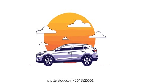 Stylish Crossover SUV Driving Towards a Vibrant Sunset with Minimalist Clouds Overhead