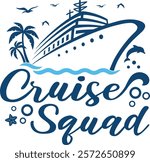 Stylish Cruise Squad logo featuring a cruise ship, palm trees, waves, dolphins, and seagulls, ideal for travel, vacation, and nautical-themed designs.