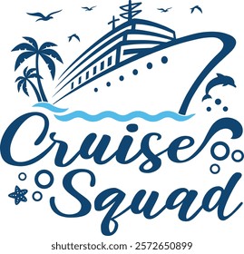 Stylish Cruise Squad logo featuring a cruise ship, palm trees, waves, dolphins, and seagulls, ideal for travel, vacation, and nautical-themed designs.