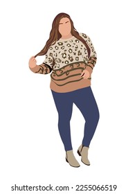 Stylish curvy girl dressed in trendy clothes. Fashionable young plus size woman in casual street style outfit, sweater and jeans. Cartoon realistic vector illustration isolated on white background.