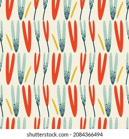 Stylish, cute background, seamless pattern with flowers, hearts, plants. Vector floral illustration. 