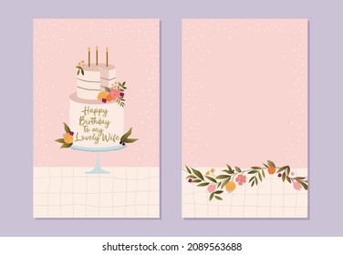 Stylish Cute birthday card with cake and candles. Birthday Party Invitation Vertical Card with Floral Elements and cake. Birthday greeting cards design