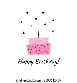 Stylish Cute birthday card with cake and candles. Happy Birthday card  in pink colors. Birthday greeting card design.