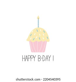 Stylish Cute birthday card with cupcake and candle. Happy Birthday card in pink colors. Birthday greeting card design.