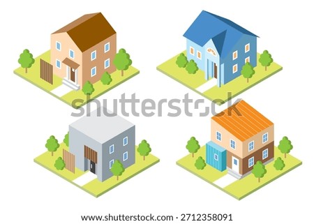 Stylish and cute detached home isometric illustration set