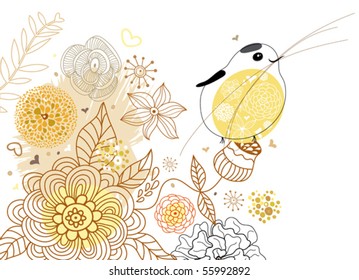 Stylish cute floral background with bird