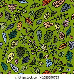 Stylish cute forest seamless pattern with leafs. Lovely cartoon vector background.