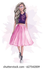 Stylish cute girl in pink skirt. Sketch. Vector illustration.