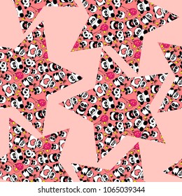 Stylish and cute hand drawn pandas with stars design seamless pattern vector