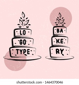 stylish cute hand-drawn logo with cake, sprigs and berries for bakery, pastry, confectionery, cake, dessert, sweets shop