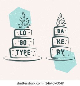 stylish cute hand-drawn logo with cake, sprigs and berries for bakery, pastry, confectionery, cake, dessert, sweets shop