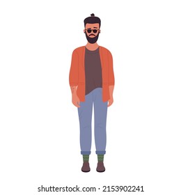 Stylish cute hipster man with sunglasses. Cool bearded boy wearing casual clothes cartoon vector illustration