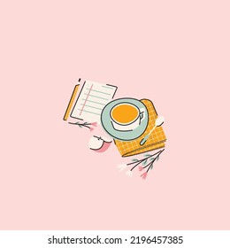 Stylish cute illustration with a morning routine. Drink, flowers, planner, apple, towel, spoon. Vector card, print, design