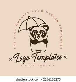 Stylish cute panda wearing a rain umbrella logo vector template. Premium Isolated Vector Panda Icon Concept. Flat Cartoon Style