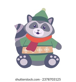 stylish cute raccoon wearing sweater shirt scarf and winter hat vector character illustration design