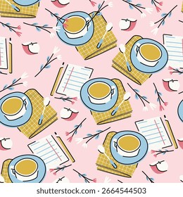 Stylish cute seamless pattern with a morning routine. Drink, flowers, planner, apple, towel, spoon. Vector print, design, background, wrapping paper