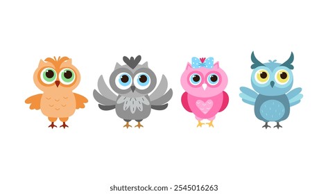 Stylish and cute set of vector cartoon owls. Collection of various birds for creative design projects, minimalistic cute bright set owls. Logo, vector illustration