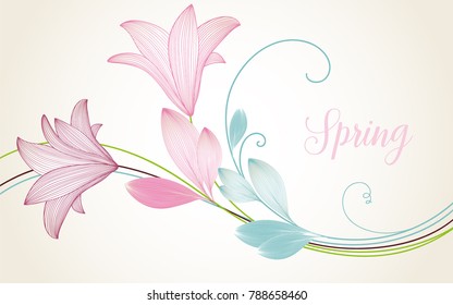 Stylish cute spring background with lily flowers painted by hand.
