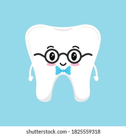 Stylish cute tooth in glasses with blue bow tie. Vector illustration happy healthy kawaii boy character. Flat design cartoon style tooth concept of children's dentistry. 