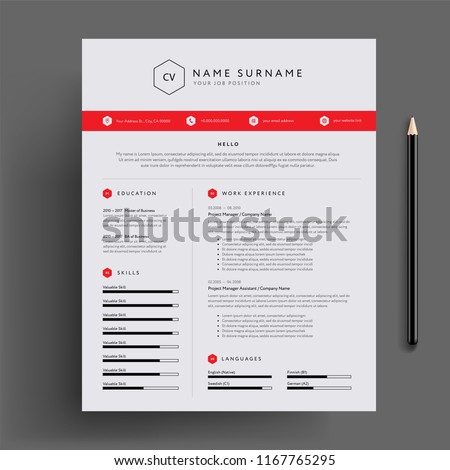 Stylish CV / resume design template red. Super clean and clear professional modern design. Red design elements and icons - vector template