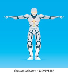 Stylish Cyborg man. Humanoid Robot with artificial intelligence, AI. character shows gestures. Android male, futuristic vector illustration in cartoon style