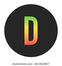 Stylish D Capital letter in gradient hues of green to red inside a solid black circle. Great for modern branding, tech logos, and digital art themes.