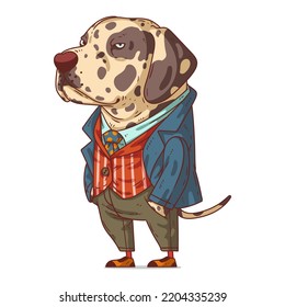 A Stylish Dalmatian, isolated vector illustration. Cute cartoon picture of a dog wearing a costume. Drawn animal sticker. An anthropomorphic dog on white background. A dressed animal. A hipster dog