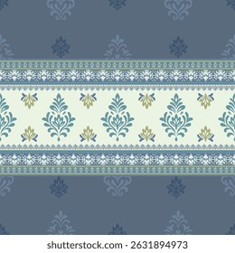 Stylish damask stripe pattern featuring floral motifs in cool navy, teal, and cream shades. Perfect for fabric design, wallpaper, and vintage-themed products.