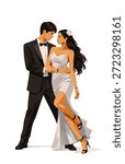 Stylish Dancing Couple in Black Suit and Flowing White Dress Performing Elegant Ballroom Pose on White Background Vector Illustration
