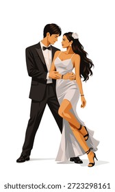 Stylisches tanzendes Paar in schwarzem Anzug und fließendem weißen Kleid, das eine elegante Ballsaal-Pose auf weißem Hintergrund darstellt
