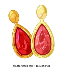 Stylish dangling drop shape yellow gold earrings or earclips with red gemstones garnet, pyrope, rhodolite or ruby. Quality accessories, bijouterie. Vector realistic illustration isolated on white.