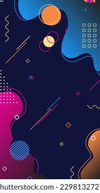 Stylish dark background (wallpaper) with bright Memphis-style elements. Template for text placement. Template is suitable for Instagram stories and other social networks.