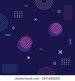 Stylish dark blue abstract background featuring various concentric and patterned circles, dashes, and X-marks. Excellent for finance, corporate tech, or scientific data visualization