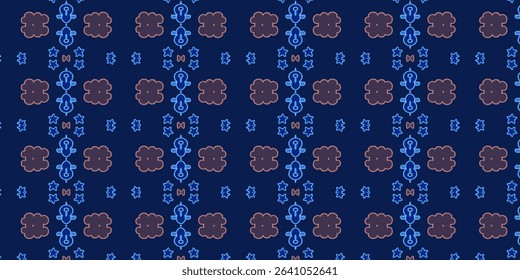 Stylish dark blue seamless pattern featuring stars, animals, and clouds in blue and brown. Perfect for nighttime themes.