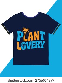 Stylish dark blue tshirt design featuring bold groovy lettering and palm trees saying plant lovery