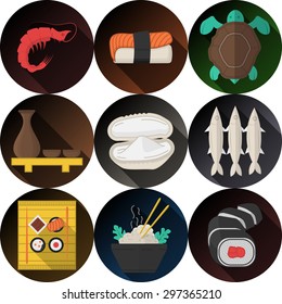 Stylish dark colors flat round vector icons with elements  of seafood and asian menu with long shadows on white background.