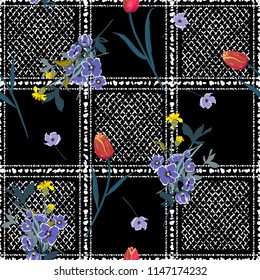 Stylish dark garden flowers on hand drawn window check or grid seamless pattern vector scatter repeat for fashion,fabric ,and all prints on black  background.