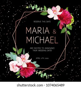 Stylish dark geometric wedding vector design frame with flowers and glitter. Golden line borders. Modern invitation. Burgundy red peony, pink rose, orchid, eucalyptus. All elements are isolated 