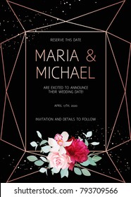 Stylish dark geometric wedding vector design frame with flowers. Golden line borders. Modern invitation. Burgundy red peony, pink rose, orchid, eucalyptus. All elements are isolated and editable.