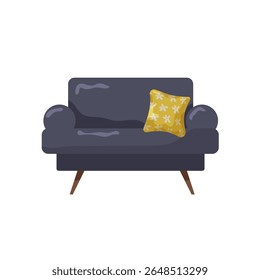 A stylish, dark gray couch features a vibrant yellow floral pillow, enhancing the contemporary decor. This piece offers comfort and elegance in a simple living area.
