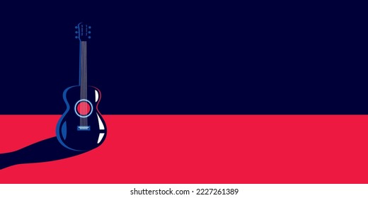 Stylish dark guitar on a trendy dark and red background in a minimal style. Place for text nearby.