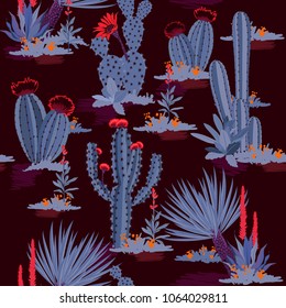 Stylish dark Seamless pattern vector summer cactus on desert mix with beautiful blooming succulents flower for fashion fabric and all prints on midnight maroon background.