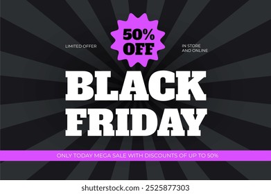 Stylish dark template with black friday inscription and pink sticker 50 percents off and gray lines on the background