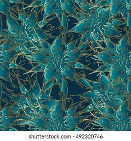 Stylish dark turquoise floral vector seamless pattern background wallpaper illustration with  3d vintage decorative flowers and ornaments.Floral wallpaper.Floral pattern.Floral illustration.Flowers