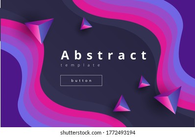 Elegante fondo vectorial oscuro con líneas onduladas azul y rosa brillante y triángulos volumétricos
