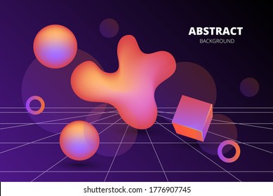 Stylish dark vector template with perspective grid and volumetric bright geometric shapes