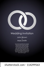 Stylish dark wedding invitation template with white rings and sample text. EPS10 vector.