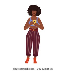 Stylish dark-skinned girl surfing the Internet vector illustration. Young woman using mobile phone. Student chatting with smartphone in hand. Girl strolling and surfing internet.