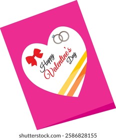 A stylish Valentine’s Day greeting card with a heart-shaped design, wedding rings, a red bow, and elegant text on a vibrant pink background. Perfect for love messages, proposals.