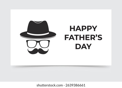 Stylish Father’s Day greeting with hat, glasses, and mustache on white background